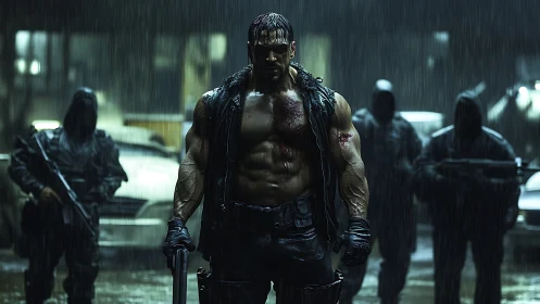 Battle-scarred warrior stalks rain-soaked urban alleyway