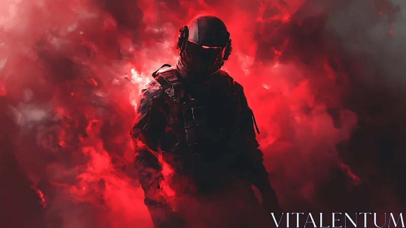 Armored trooper emerging from crimson tactical smoke.