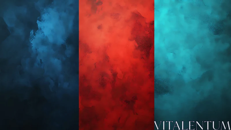 Triptych gradient clouds align in saturated red and cyan fields