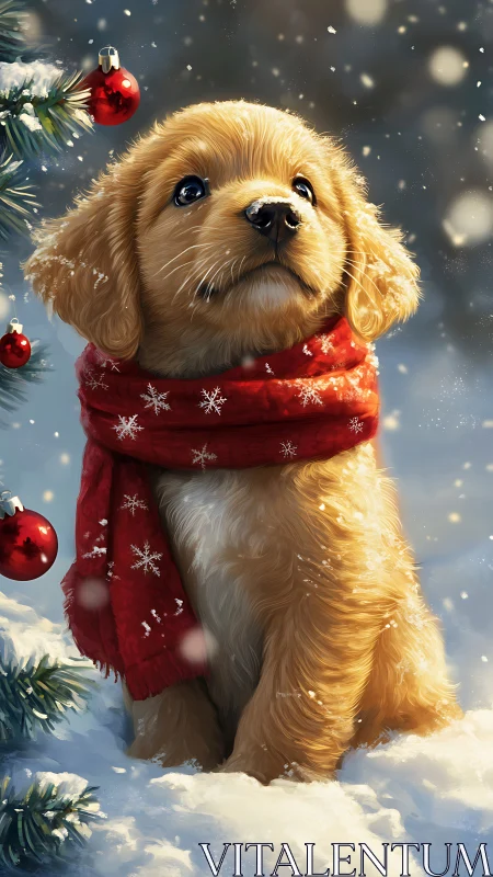 Golden puppy wears red scarf in softly falling snow