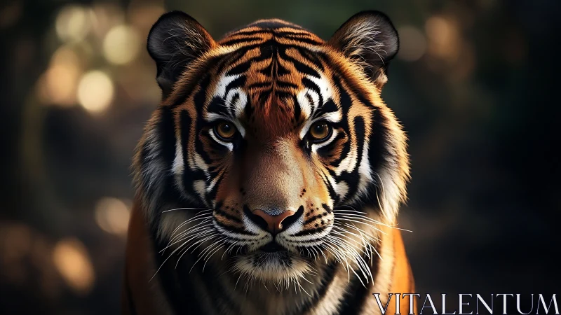 Tiger portrait captures intense gaze in warm forest light.