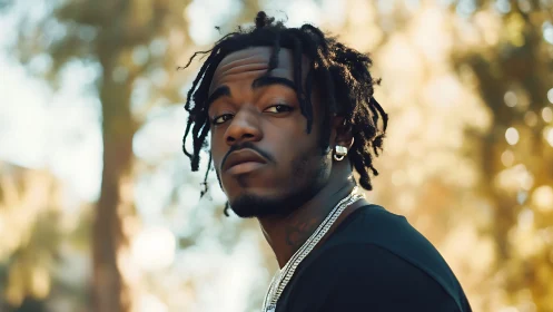 Shallow-depth outdoor portrait with warm bokeh lighting effects