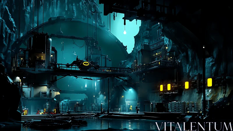 Expansive subterranean Batcave with industrial platforms and lit Batwing