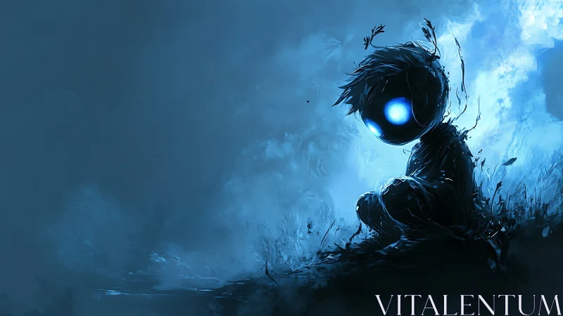 Lonely glowing-eyed figure in dark blue misty landscape.