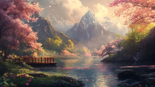 Mountain lake landscape shows cherry trees and red bridge