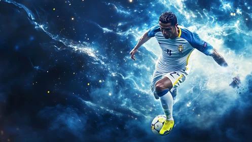 Dynamic soccer player surges through cosmic blue energy storm