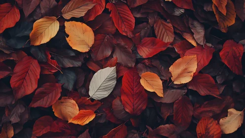 Overhead view of dry multicolored autumn leaves on ground.