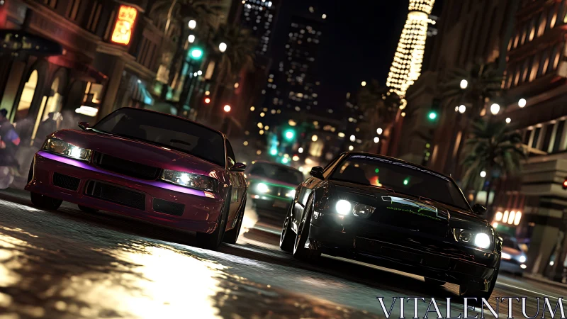 Street racing cars at night on neon lit downtown avenue.