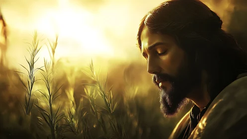 Bearded man with closed eyes stands in glowing sunset field