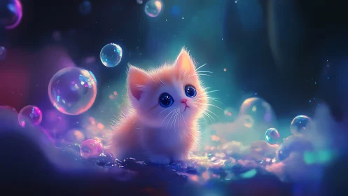 Luminescent Kitten Surrounded by Ethereal Bubbles.