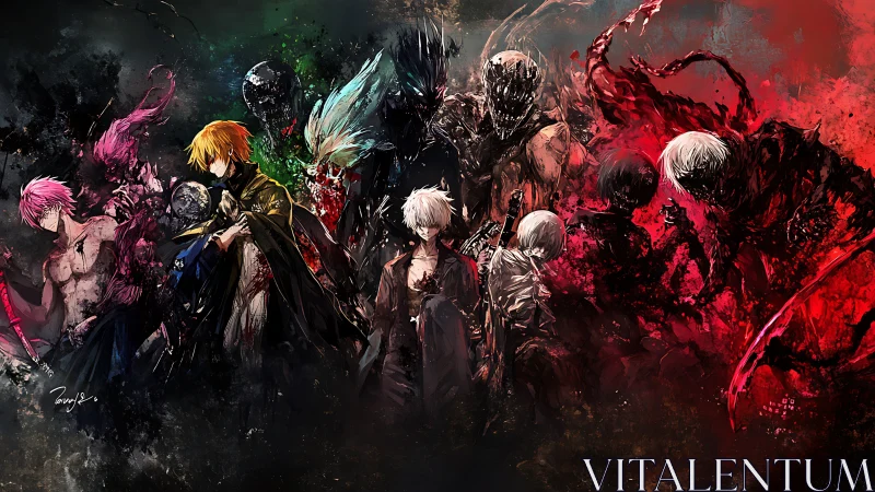 Digital painting of fractured antiheroes in chaotic triptych composition.