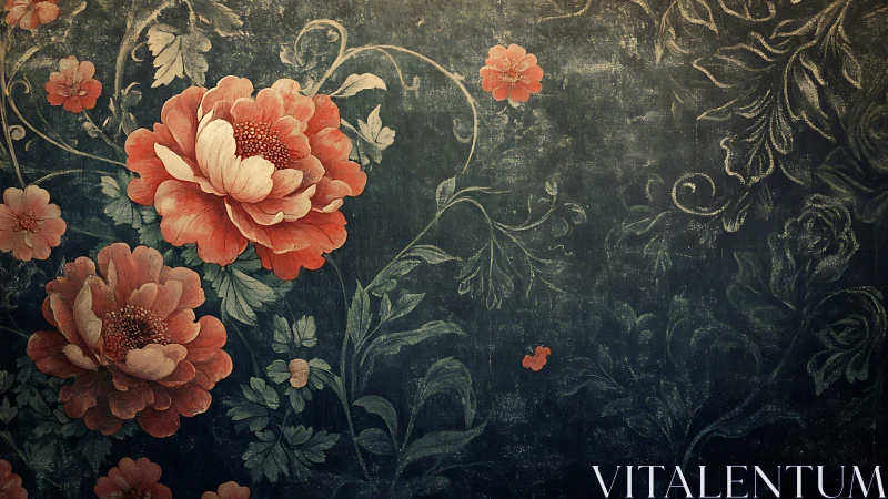 Botanical Composition with Peonies Against Dark Ornamental Background