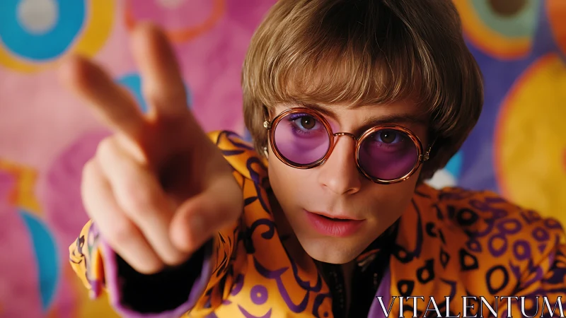 Retro portrait with purple glasses and peace hand gesture.