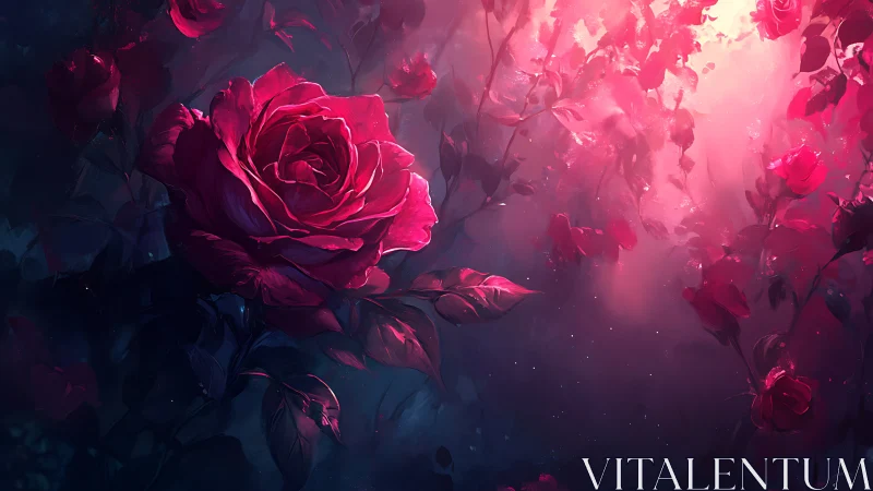 Red Roses in Atmospheric Mist with Dramatic Lighting