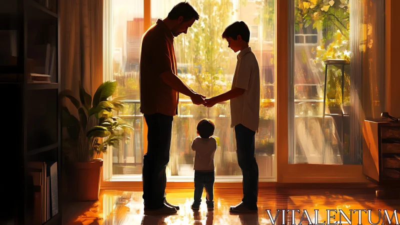 Warm evening light embraces a tender father and sons moment