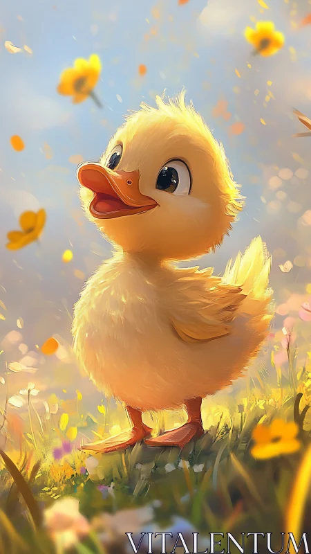 Cheerful Duckling in Golden Meadow.