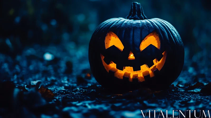 Backlit jack-o-lantern with high contrast bokeh and wet ground