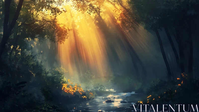 Sunlit forest creek with dense trees and misty light.