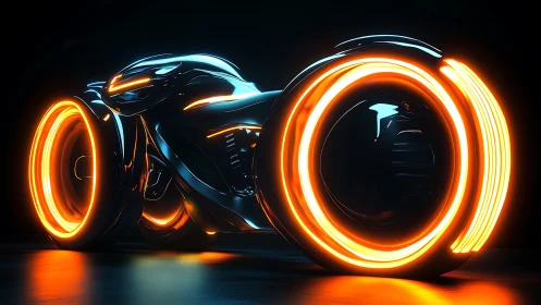 Futuristic neon-lit motorcycle with glowing circular wheels.