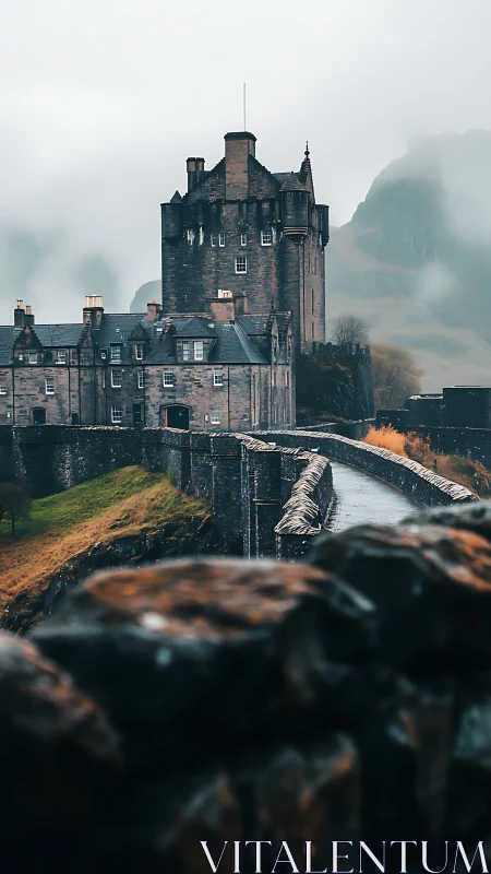 Stone castle with bridge in misty hilly landscape at dusk.