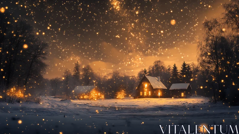 Cozy winter cabins glow warmly beneath sparkling night sky