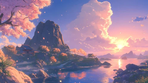 Sunlit cherry blossom valley opens over tranquil lakeshore.