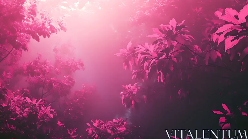 Dreamlit magenta forest drifting in luminous misted hush.