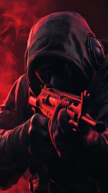 Hooded tactical shooter aims rifle in vivid red haze.