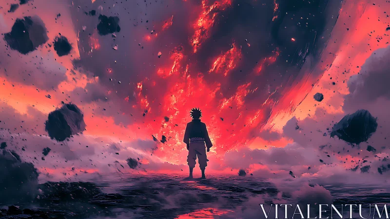 Lone anime warrior faces apocalyptic flaming skyfall.