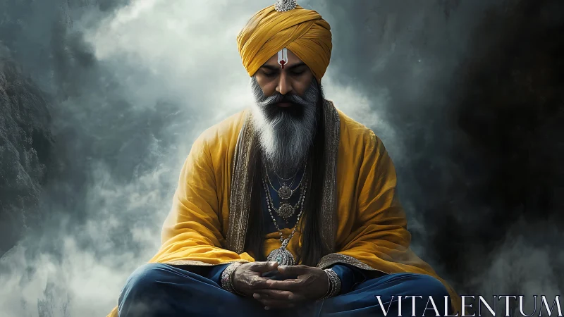 Storm-veiled sage in saffron calm upon misty mountain.