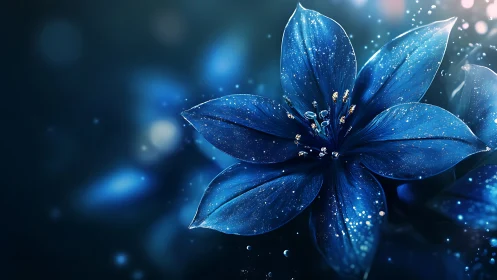 Luminescent Blue Flower Macro with Crystalline Particle Effectsand Bokeh