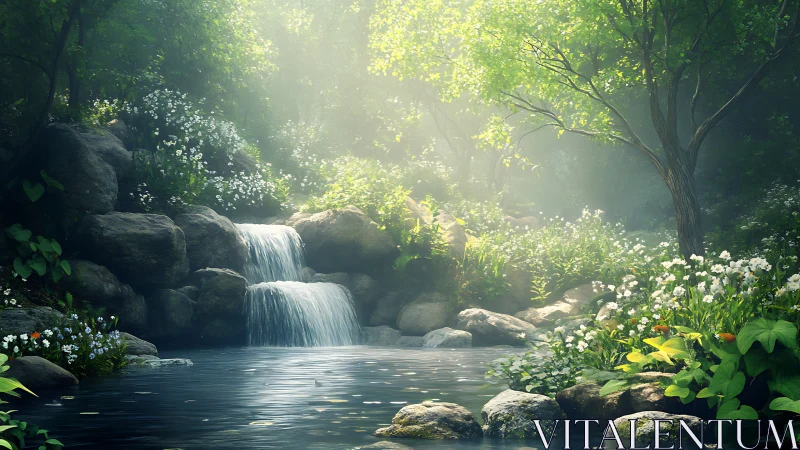 Sunlit forest waterfall invites quiet moments of calm wonder