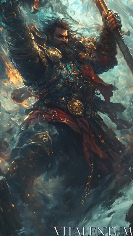 Armored warrior raises axe in storm of crashing waves