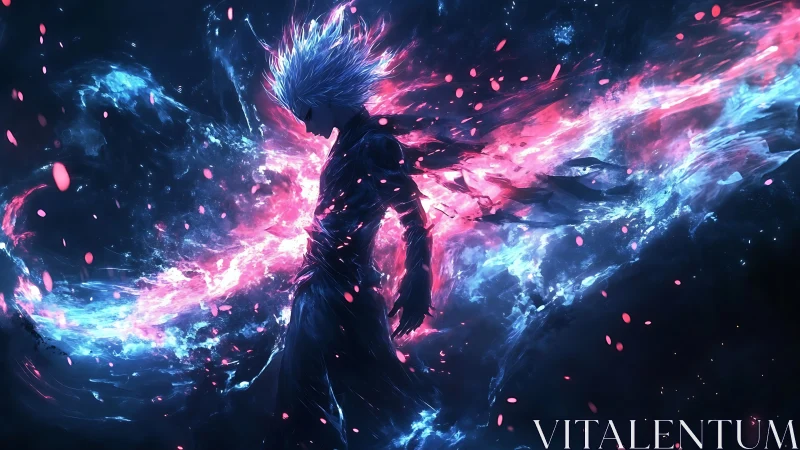 Energy-charged warrior strides through luminous cosmic storm