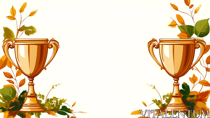 Symmetrical golden trophies with autumnal botanical framing.