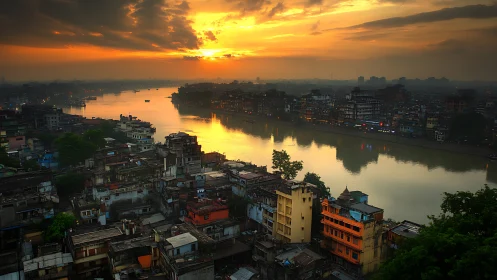 Sunset over dense riverside cityscape with calm water.