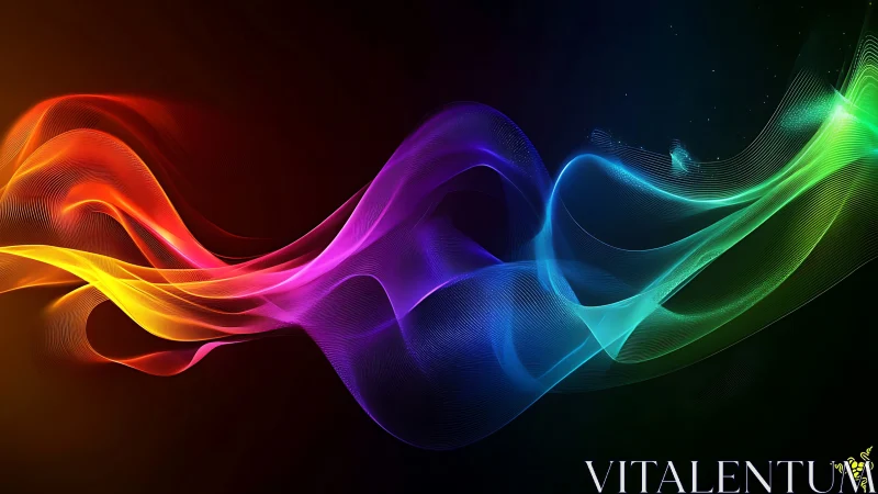Neon gradient light waves on dark digital abstract background.