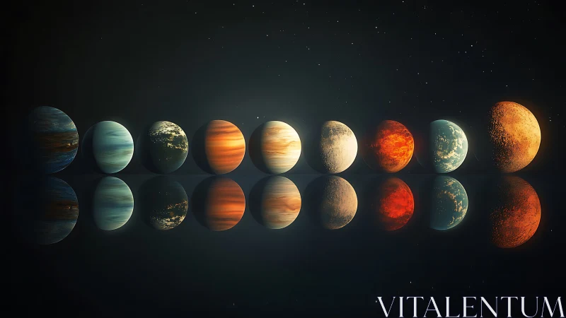 Aligned exoplanets form reflective row under deep starfield