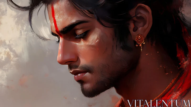Meditative profile portrait of young man with red tilak
