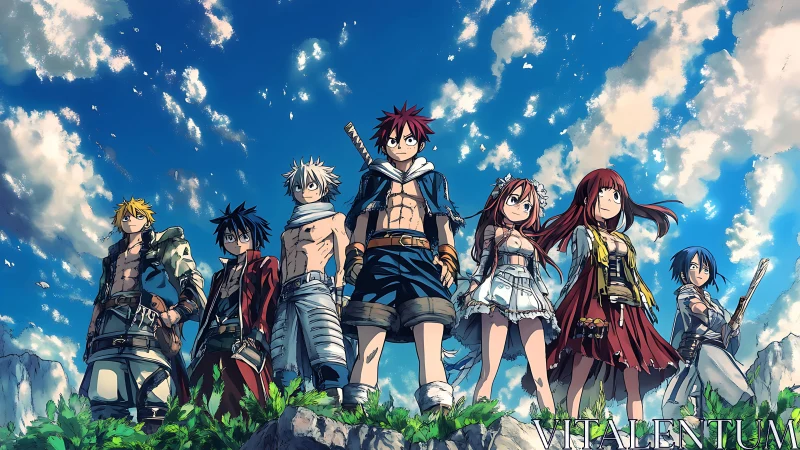 Skybound anime heroes stride toward untamed horizons together.