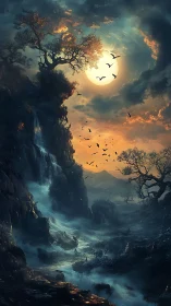 Moonlit storm valley with cascading falls and burning trees.