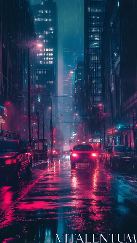 Rainy neon city street shows cars and tall buildings at night