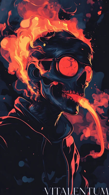 Flaming neon skull portrait with molten sunglasses glow.