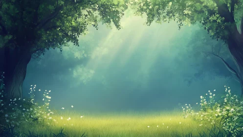 Enchanted Forest Clearing with Sunlit Meadow