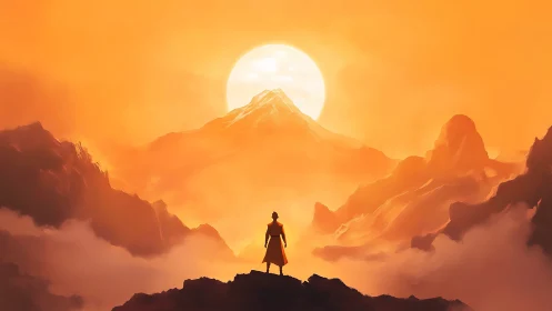 Solitary figure surveying misty orange mountainscape at dawn