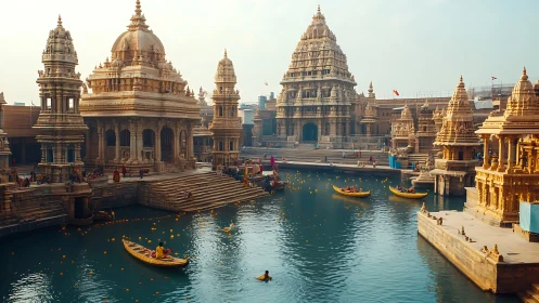Golden riverside temples with boats beneath hazy daylight.