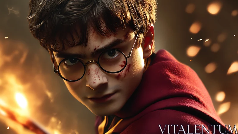 Young wizard in red cloak with wand amid fiery sparks.