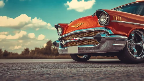 Low-angle view of vintage red Chevrolet on open road.