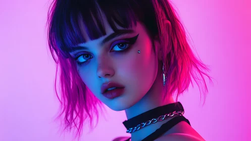 Neon glow portrait of a dreamy punk girl at twilight.