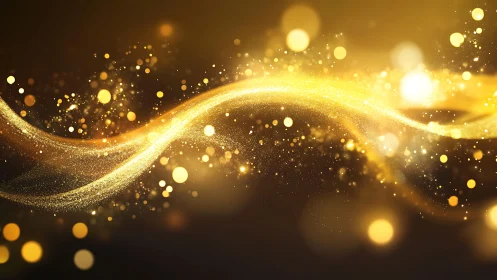 Shimmering golden light wave with sparkling particles, abstract art.